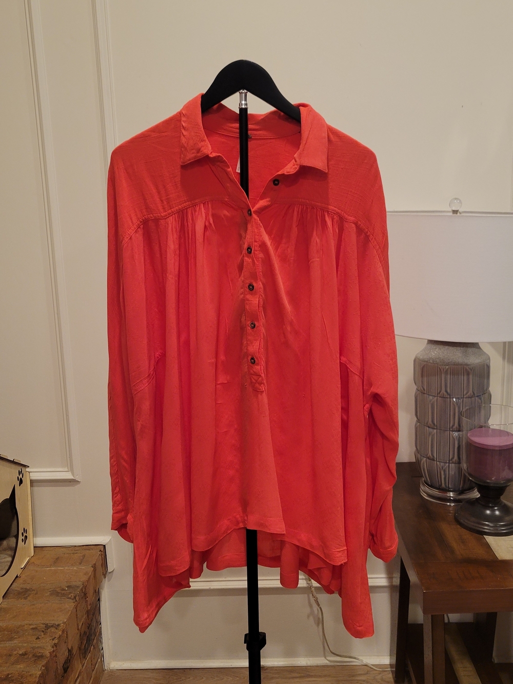 Free People Coral Button-Down Relaxed Peasant Shirt